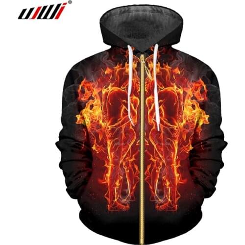 UJWI Mens Novel Zip Hoodies 3D Printed Flame Hug Couple Zipper Tracksuit Handsome Hip Hop Man Gothic Glitter Sweatshirt