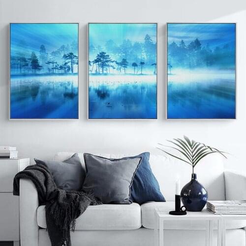 Blue Forest Landscape Wall Art Nordic Style Lake Canvas Painting Poster and Print Pictures for Living Room Bedroom Home Decor