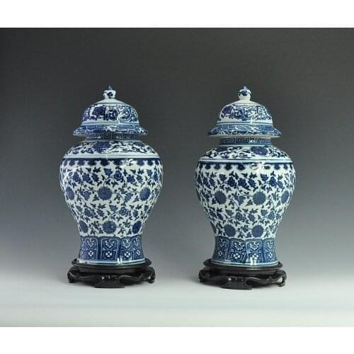 One Pair Chinese Decorative Antique Imitation Blue and White Ceramic Porcelain Ginger Jars Temple Jars
