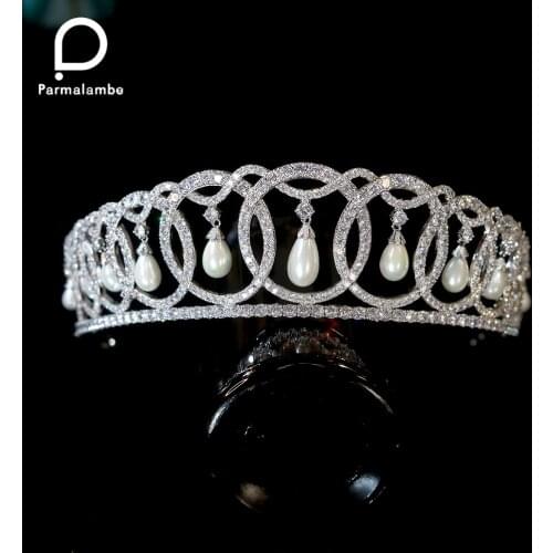 Parmalanbe Classic Cubic Zirconia Pearl Tear Crown Wedding CZ Bridal Headdress Queen Crown Women Party Hair Accessories Tiaras