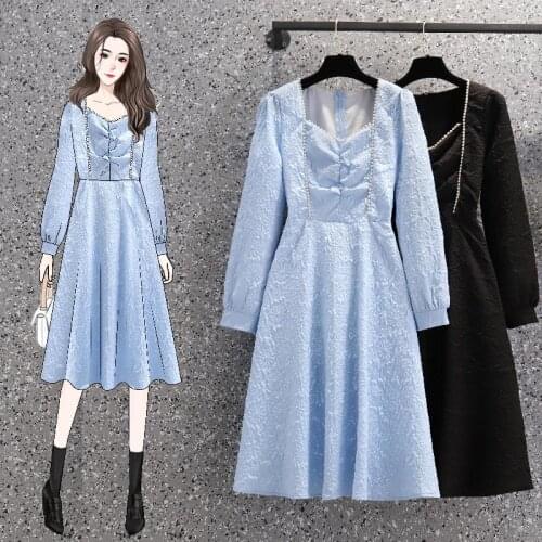Black Blue Nail Bead Long Sleeved Plus Large Size Oversize Korean Fashion Kawaii Casual WomenS Elegant Dresses Autumn For Women