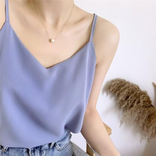 Casual V-Neck Sexy Solid Satin Blouse Woman Camis Tank Tops Render Chiffon Sleeveless Camisole Top Halter Camis Tops Blusa