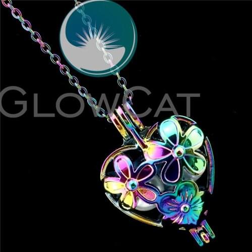 R-C401 Rainbow Colors Heart Flower Beads Cage Pendant Essential Oil Diffuser Aromatherapy Pearl Cage Locket Necklace