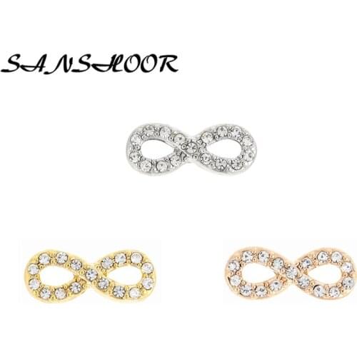 SANSHOOR Crystal Plain Pave Infinity Slide Charms Fit Wrap Bracelets Key Chains Pendant Necklace As Women Gift 6pcs/lot