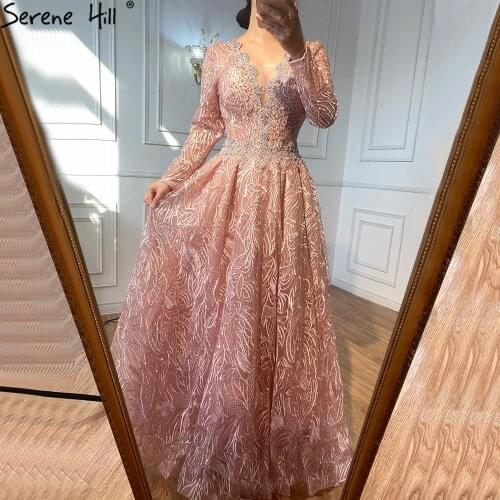 Serene Hill Ｍuslim Luxury Pink Evening Dresses Gowns 2021 Beading Lace A-Line For Woman Wedding Party LA71029