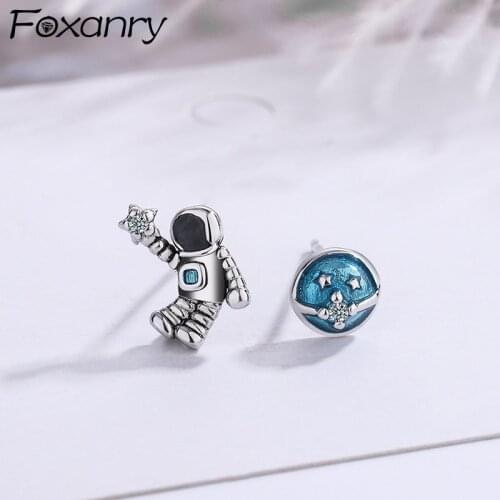 FOXANRY Prevent Allergy 925 Sterling Silver Stud Earrings Fashion Creative Asymmetry Blue Planet Astronaut Design Party Jewelry
