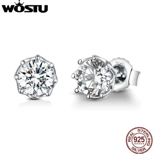 WOSTU Genuine 925 Sterling Silver Sparkling Light Stud Earrings For Women Engagement Wedding Shiny Original Jewelry Gift DXE499