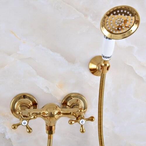 Modern Polished Gold Color Brass Wall Mount Bathtub Faucet with Handheld Shower Set +1.5M Hose Mixer Tap 2na973