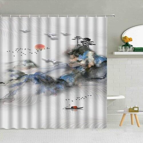 Modern Minimalist Ink Painting Mountain Bird Fish Shower Curtain Fabric Bathroom Supplies High Quality With Hooks Cloth Curtains