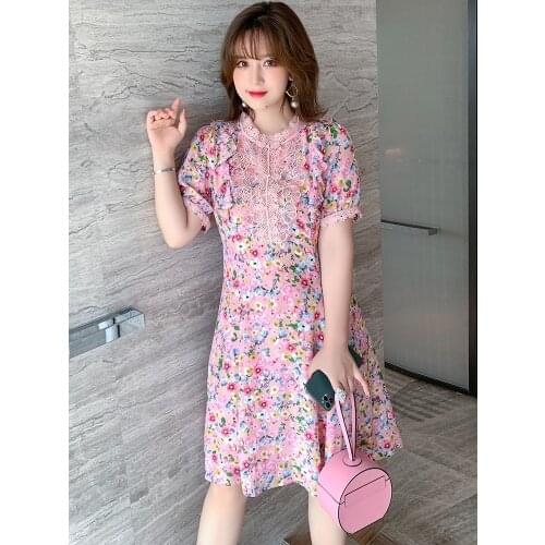 High quality Chinese wind agaric edge led spell falbala printing new women summer dress