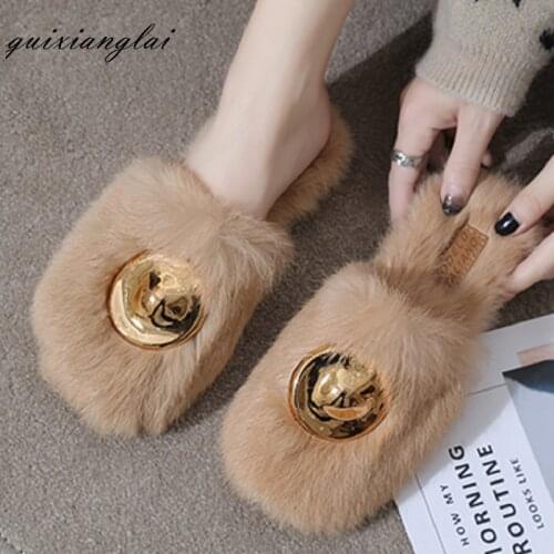 Baotou flat bottom fur slippers women wear 2019 autumn and winter new fashion wild rabbit hair slippers womens shoes