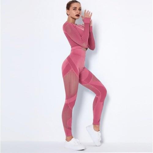 Women Mesh Seamless Yoga Set Fitness Gym Leggings Hollow Out Cropped Shirts Sport Suit Women Long Sleeve Tracksuit Activewear