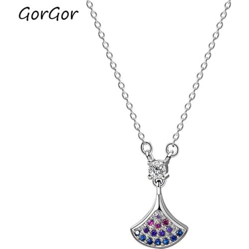 GorGor Necklace Women 925 Sterling Pattern Rainbow Skirt Full Zircon Pendant Individuality Beautiful Gift for Anniversary A589A