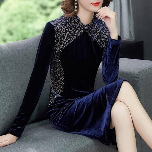 2019 Spring Female Women Wine Red Navy Velour Cheongsam Dress , Autumn Womens Beading Placket 4xl Velvet Qipao Dresses