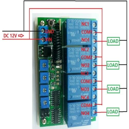 433.92M DC 12V 4Ch Multifunction Wireless Controller Timer Delay Relay RF Switch & EV1527 ASK OOK Remote