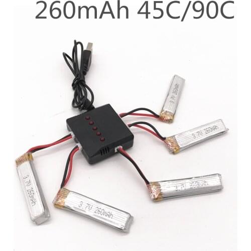 5PCS 3.7V 260mAh 45C/90C Lipo Battery PH2.0 Plug With Charger for Eachine US65 UK65 QX65 for UR65 Mobula7 Drone RC Quadcopter