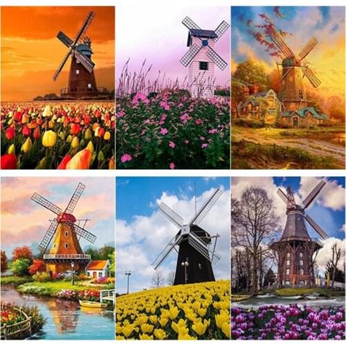 5D DIY Diamond Painting Full Square Round Drill Windmill Flower Diamond Embroidery Scenery Cross Stitch Home Decor Manual Gift