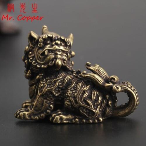 Antique Bronze Chinese Myth Beast Qi Lin Statue Miniature Figurines Desktop Ornaments Home Car Decorations Copper Crafts Decors