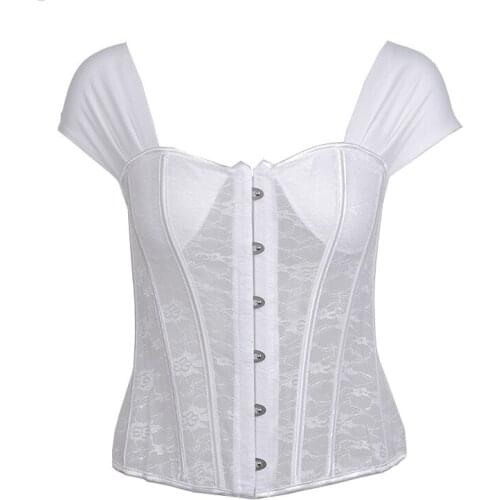 Corzzet White See Through Floral Lace Padded Push Up Short Sleeve Victorian Style Gothic Corset Top Sexy Bustier Lingerie Women