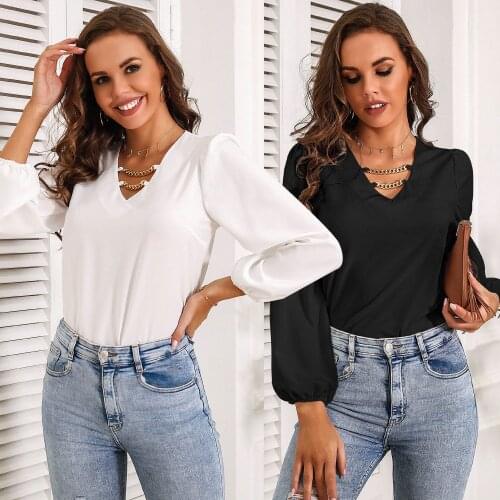 Fashion Womens New 2021 Spring Summer Casual V-neck Chain Chiffon Tops Ladies Lantern Sleeve Solid Color Blouse Loose Top