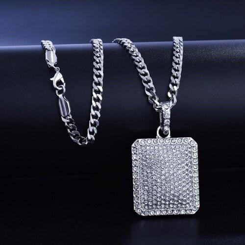 Rock Hip Hop Iced Out Full Rhinestoned Iced Out Rope Chain Square 3.3*4cm Pendants Necklaces for Men Fashion Jewelry Gold Chain