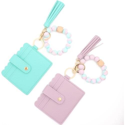 Wood Silicone Beaded Bangle Bracelets Key Rings Card Holder Wallets Leather Tassel Keychains for Women Fashion Accessories