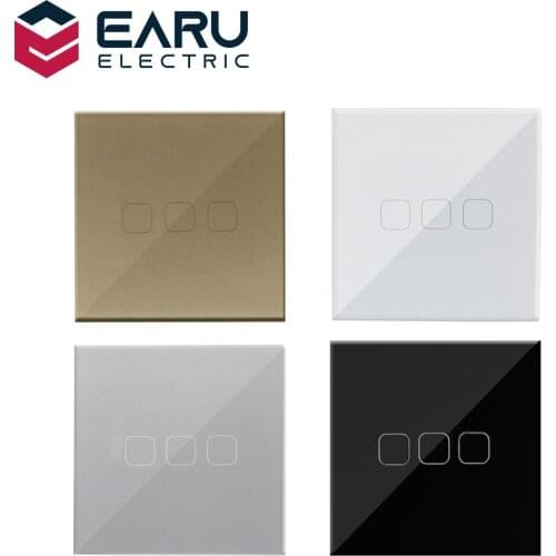 EU Standard 3 Gang 1 Way AC100-240V 10A Crystal Glass Panel Screen Wall LED Power Light Touch Switch White Black Gray Golden