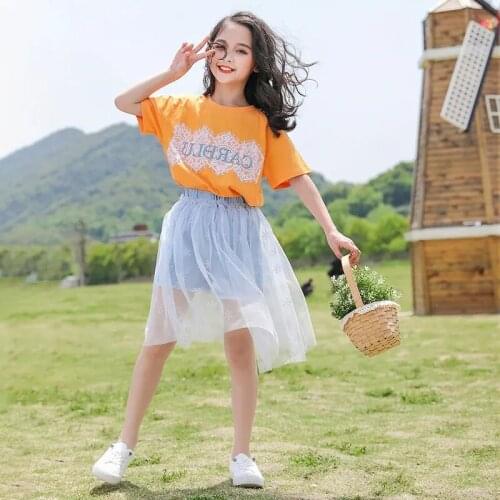 Summer Girls Clothes Sets Short Sleeve Lace Printing Tops T-shirts for Girls Tulle Denim Shorts Pants 2Pcs Children Clothing Set