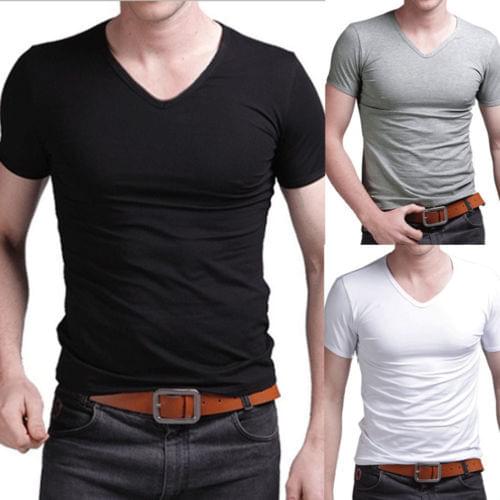 Summer Mens V Neck Tops Tee Shirt Slim Fit Casual T-Shirt Man Tee Short Sleeve Solid Color T Shirts Hot Sale T- Shirt