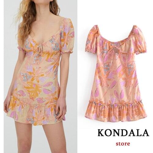 KONDALA Za Vintage Women Dress Flower Print Ruffles Mini Dresses Short Sleeve Summer Fashion 2021 Sweet Mujer Vestidos