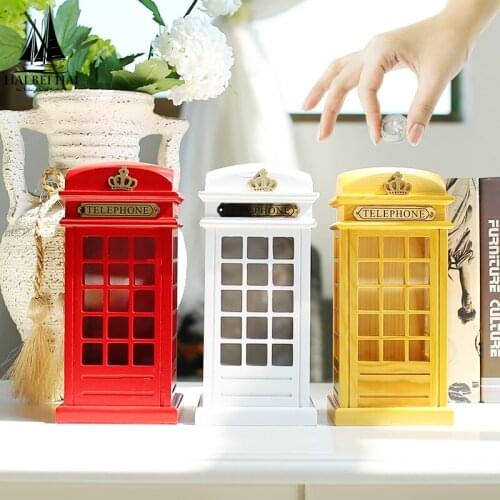 Creative Wooden Piggy Bank Large London Phone Booth Coin Saving Pot Box Children Gift England Home Furnishing Ornaments 21*10CM