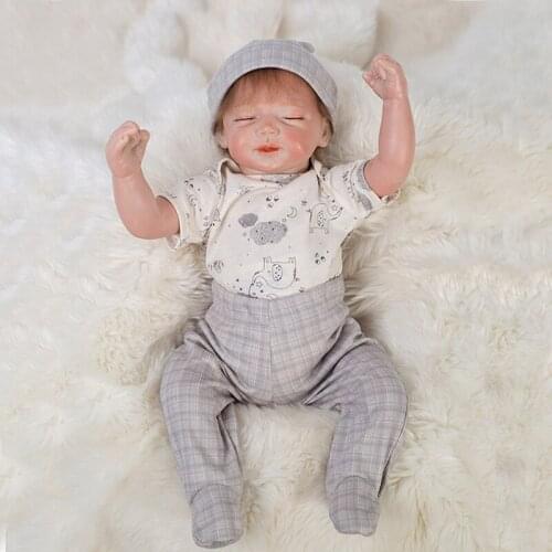 Nicery 20inch 50cm Bebe Doll Reborn Soft Silicone Boy Girl Toy Reborn Baby Doll Gift for Children Gray trousers Gray Hat