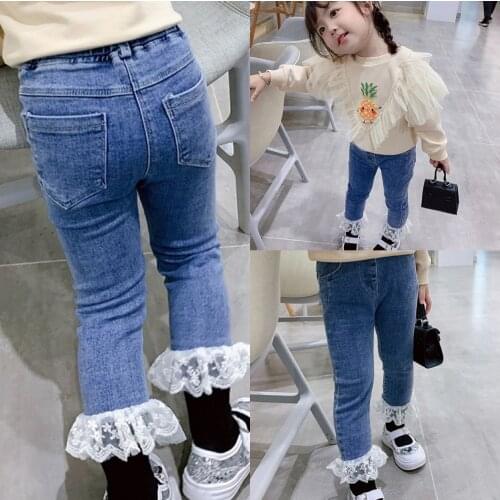 2021 Autumn New Kids Baby Jeans 3-8 Years Toddler Girls Fashion Lace Slim Denim Pants Childrens Jeans Trousers Baby Girl Jeans