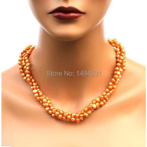 Wholesale Pearl Jewelry - 3 Rows Orange Color Natural Freshwater Pearl Necklace Earrings- Handmade Jewelry Set - Free Shipping