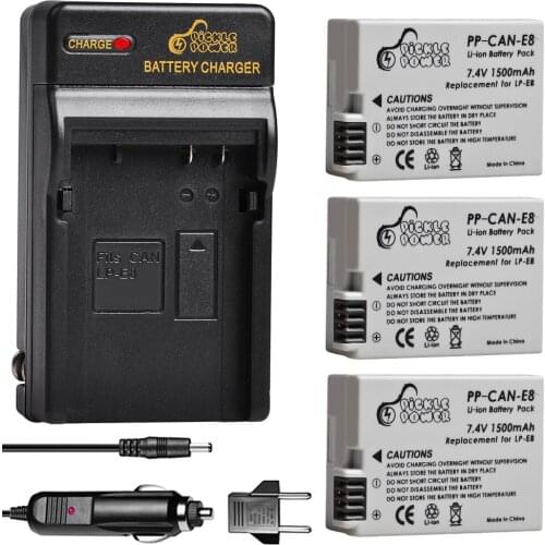 3pcs LP-E8 Battery and Wall Charger for Canon EOS 550D 600D 650D 700D X4 X5 X6i X7i T2i T3i