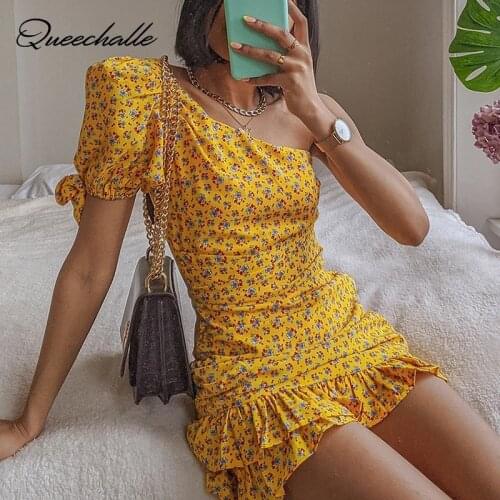 Sexy Inclined Shoulder High Waist Summer Dress Ruffle Floral Print Boho Beach Dress Women Wrap Short Mini Dresses Ladies Holiday