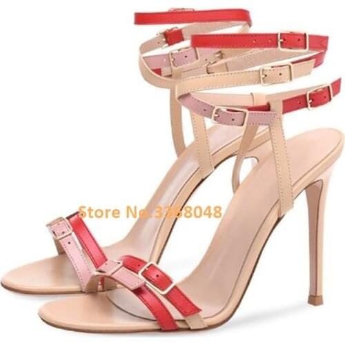 Thin High Heel Sandals Multi-Buckle Decor Open Toe Runway Mixed Color Shoes Cut out Ankle Strap Open Stiletto Heel Summer Shoes