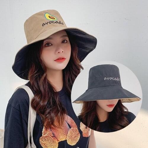 New Women Sun Hat Avocado Embroidery Fisherman Panama Cap Bob Chapeau Reversible Summer Bucket Hat For Women Outdoor Travel