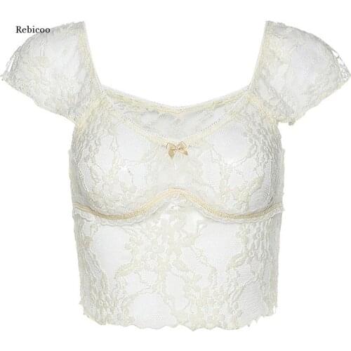 Summer Women Lace Short Sleeve Crop Tops Elegant Club Night Sexy T-Shirts Ladies Fashion Casual Street Elegant Tees Mujer