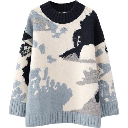 PERHAPS U Women Sweater Crew Neck Oversize Knitted Pullovers Long Sleeve Tie Dyeing Winter M0180