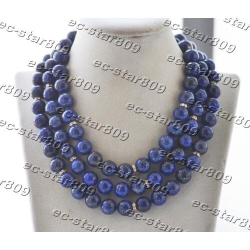 Z11284 50" 12mm Round Blue Lapis Lazuli Bead CZ Necklace Women Fashion Jewelry