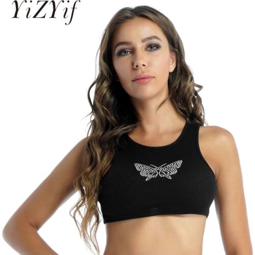 Womens Fashion Ribbed Vest Tops Top Stylish Sparkly Rhinestone Butterfly Sport Running Cropped Tank Top Ladies Summer Clubwear