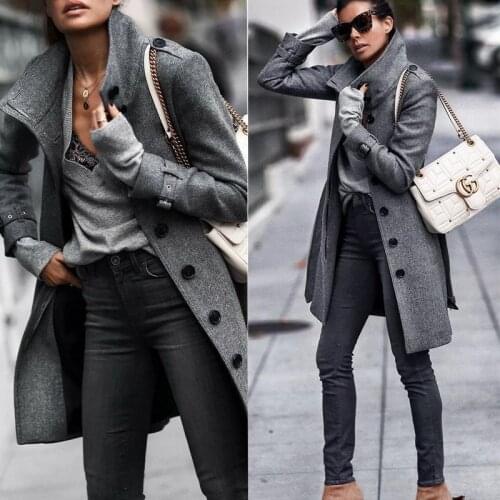 2021 European and American fashion temperament solid color gray long-sleeved jacket coat lady office clothes outerwear