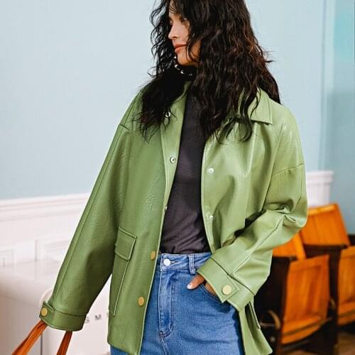 Nanshiyser New Women Loose Pu Faux Soft Leather Green Jacket Turndown Collar Biker Outwear Single Breasted Pocket Coat With Belt