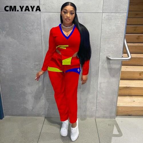 CM.YAYA Women Tracksuit Print Crop Tops + Pockets Pants Two 2 Piece Set Casual Fashion Pants Sets Outfits Sportswear Autumn 2021