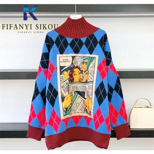 High Quality Knitted Sweater Women Autumn Winter Thick Warm Turtleneck Loose Pullover Female Fashion Print Sweaters Knit Tops