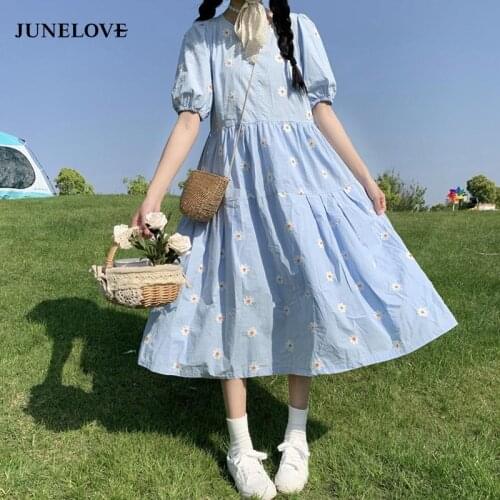 JuneLove Vinatge Floral Embroidery Elegant Women Dress Casual 2021 New Summer Korean Style Puff Sleeve Party Dress Boho Vestidos