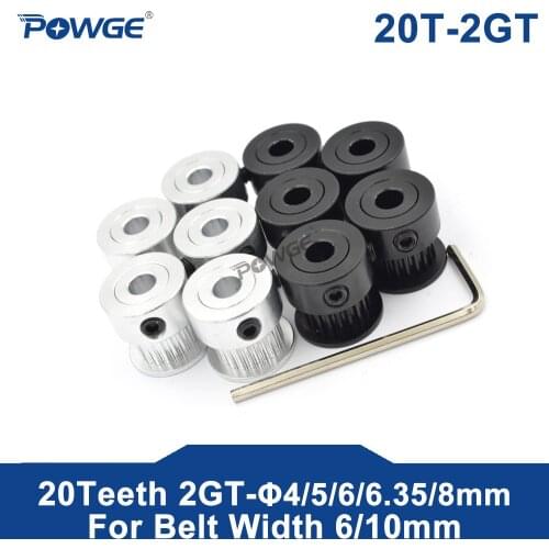 POWGE 20 teeth GT 2GT 2M Timing Pulley Bore 5mm 6mm 6.35mm 8mm for Width 6mm 2MGT GT2 synchronous belt pulley 20teeth 20T 10pcs