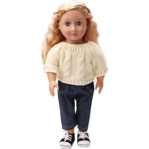 18 Inch American Doll Girls Beige Sweater Suit + Black Trousers Newborn Baby Toys Accessories Fit 40-43 Cm Boy Dolls Gift c161