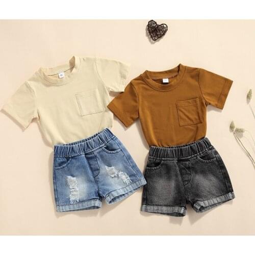 2021 Summer Kids Baby Boy Girl Short Sleeve Cotton T-shirt Tops Denim Shorts Jeans 2PCS Outfits Children Clothing Set